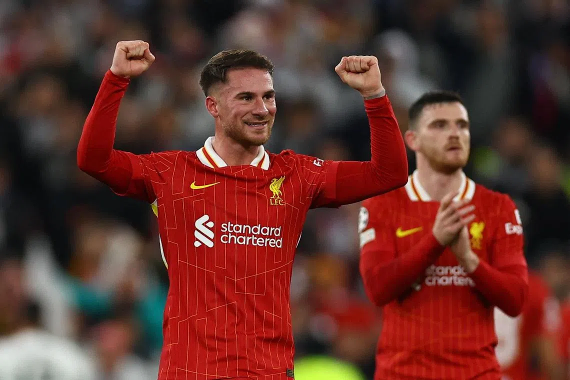 Liverpool's Alexis Mac Allister celebrates after the Reds beat Real Madrid 2-0 in the Champions League.