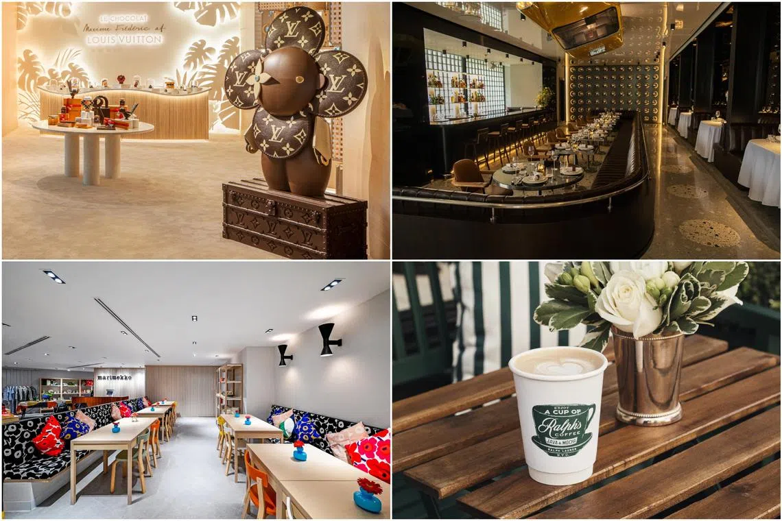 (Clockwise from top left) Le Chocolat Maxime Frederic at Louis Vuitton, The Coach Restaurant, Ralph’s Coffee and Marimekko cafe. 