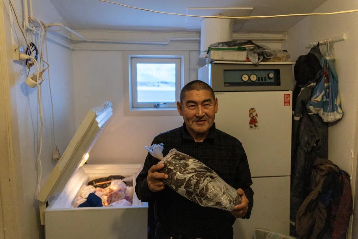Kaaleeraq Ringsted, 74, poses with his frozen food in his home in Kapisillit, Greenland, January 21, 2026. REUTERS/Marko Djurica