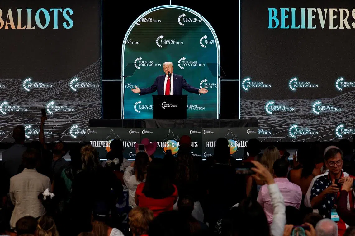 Republican presidential nominee and former U.S. President Donald Trump speaks at Turning Point Action's The Believers Summit 2024 in West Palm Beach, Florida, U.S., July 26, 2024. REUTERS/Marco Bello