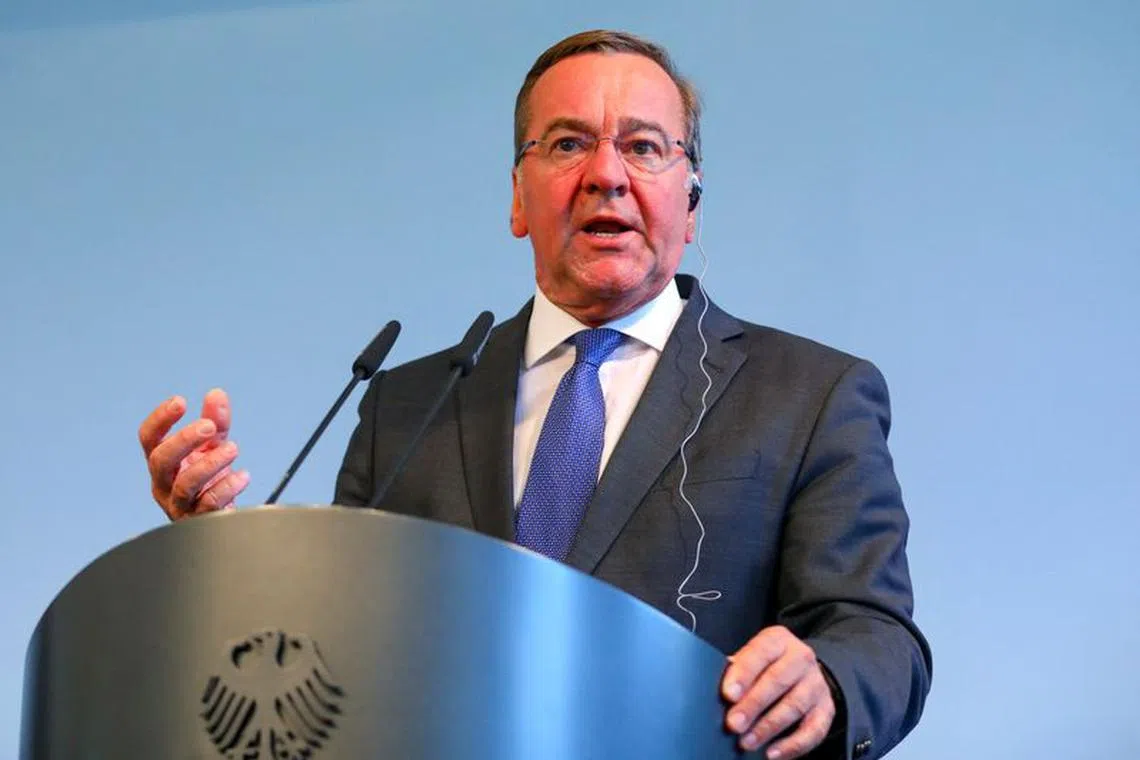 FILE PHOTO-German Defence Minister Boris Pistorius addresses the media as he meets with Britain's Secretary of State for Defence Ben Wallace in Berlin, Germany, May 17, 2023. REUTERS/Nadja Wohlleben/File Photo