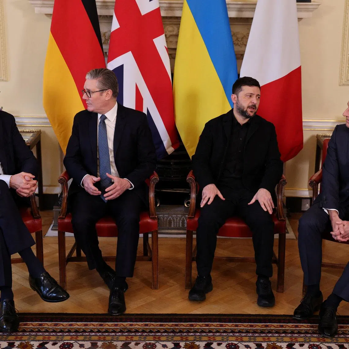 British Prime Minister Keir Starmer, Ukrainian President Volodymyr Zelenskiy, French President Emmanuel Macron, and German Chancellor Friedrich Merz meet at 10 Downing Street, in London, Britain, December 8, 2025.  ADRIAN DENNIS/Pool via REUTERS