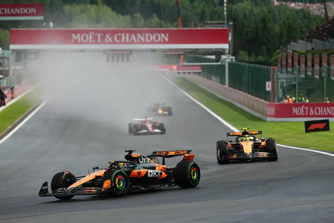 McLaren's Oscar Piastri drives ahead of teammate Lando Norris during the Formula One Belgian Grand Prix at the Spa-Francorchamps circuit.