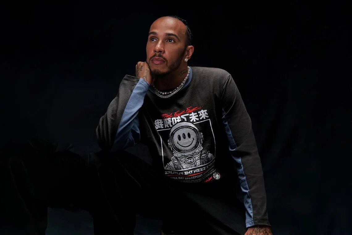 Lewis Hamilton in the Plus44 Marina Spaceport collection, done in collaboration with Singaporean pop artist Jahan Loh.