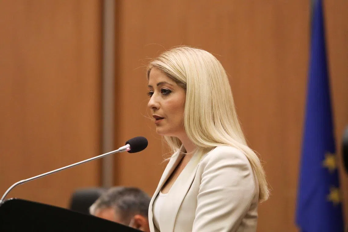 FILE PHOTO: Cypriot parliamentary speaker Annita Demetriou addresses the parliament in Nicosia, Cyprus June 10, 2021. REUTERS/Yiannis Kourtoglou/File Photo