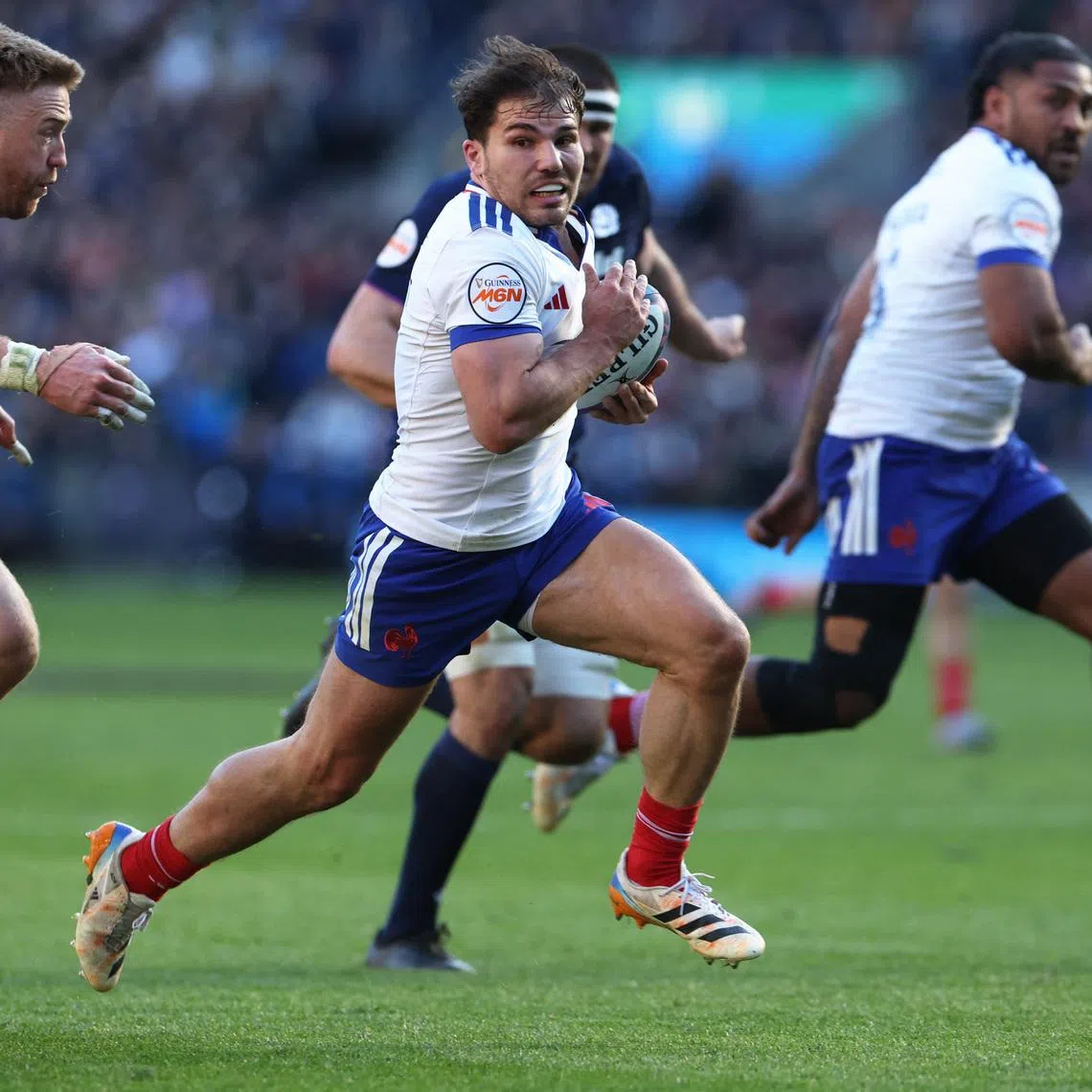 Rugby Union - Six Nations Championship - Scotland v France - Murrayfield Stadium, Edinburgh, Scotland, Britain - March 7, 2026 France's Antoine Dupont scores their third try. REUTERS/Russell Cheyne