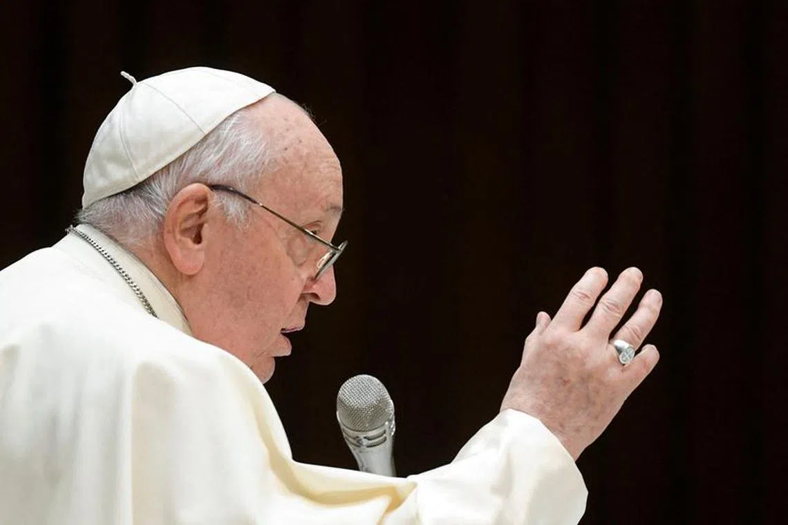 FILE PHOTO: Pope Francis holds a weekly general audience, in Paul VI hall at the Vatican, January 3, 2024. Vatican Media/­Handout via REUTERS/File Photo