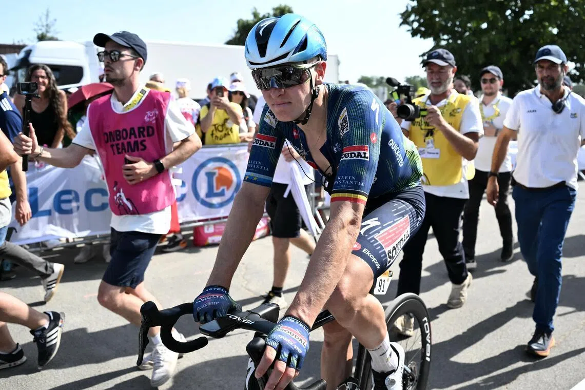 epa13104945 Belgian cyclist Tim Merlier of Soudal Quick-Step at the finish area after winning Stage 8 of the Tour de France, a 180.4 km route from Perigueux to Bergerac, France, 11 July 2026.  EPA/JEFF PACHOUD / POOL