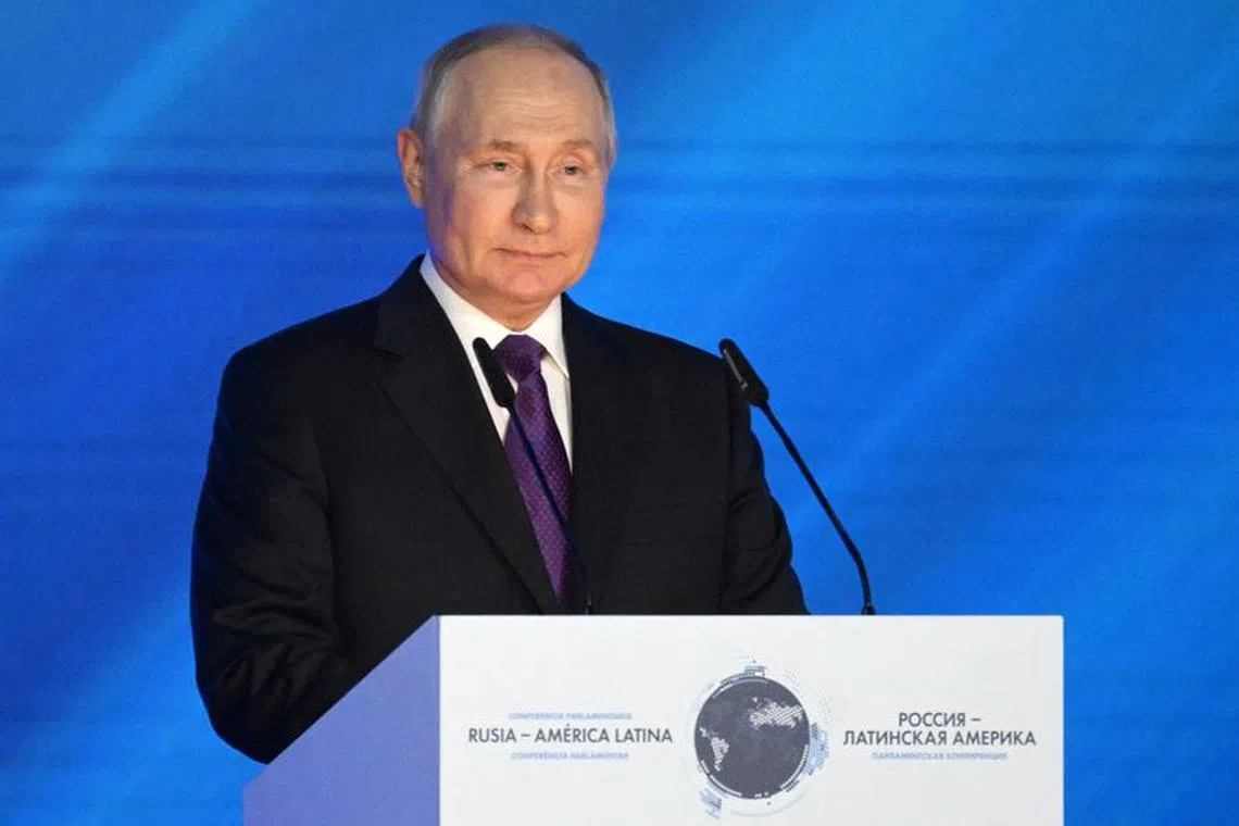 FILE PHOTO: Russian President Vladimir Putin delivers a speech during an opening of the Russia-Latin America international parliamentary conference at the Pillar Hall of the House of Unions in Moscow, Russia September 29, 2023. Sputnik/Vladimir Astapkovich/Kremlin via REUTERS/File Photo