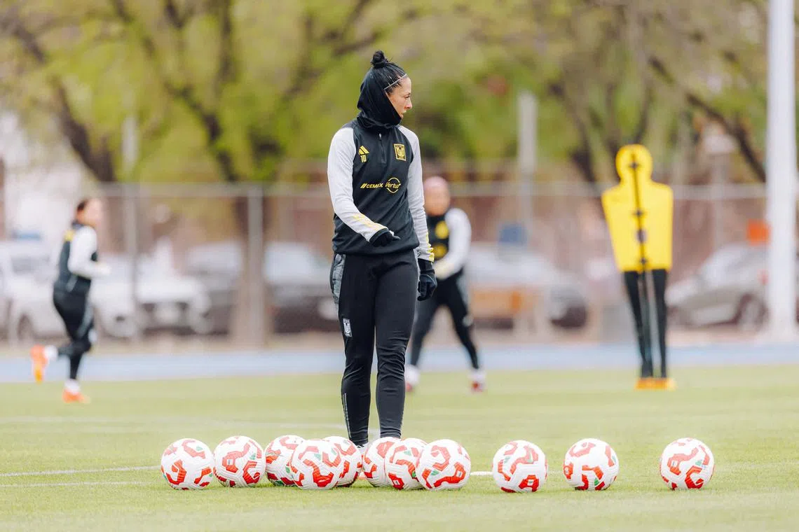 FILE PHOTO: Soccer player Jenni Hermoso takes part in a training session in San Nicolas de los Garza, Mexico, February 20, 2025, in this handout picture. Club Tigres/Handout via REUTERS/File Photo