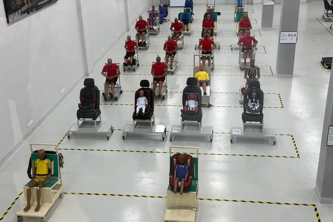 Crash test dummies in storage at Geely's new safety centre in Ningbo, China, in December 2025.