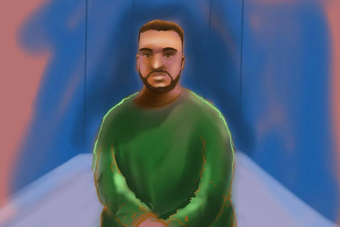 A court sketch depicts accused Bondi Beach gunman Naveed Akram appearing via video link at Downing Centre Local Court in Sydney, Australia, February 16, 2026. Rocco Fazzari/AAP/via REUTERS