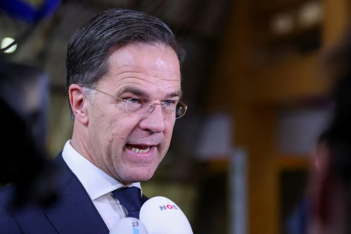 Prime Minister of the Netherlands Mark Rutte speaks to media at a European Union leaders' summit, in Brussels, Belgium December 14, 2023. REUTERS/Johanna Geron