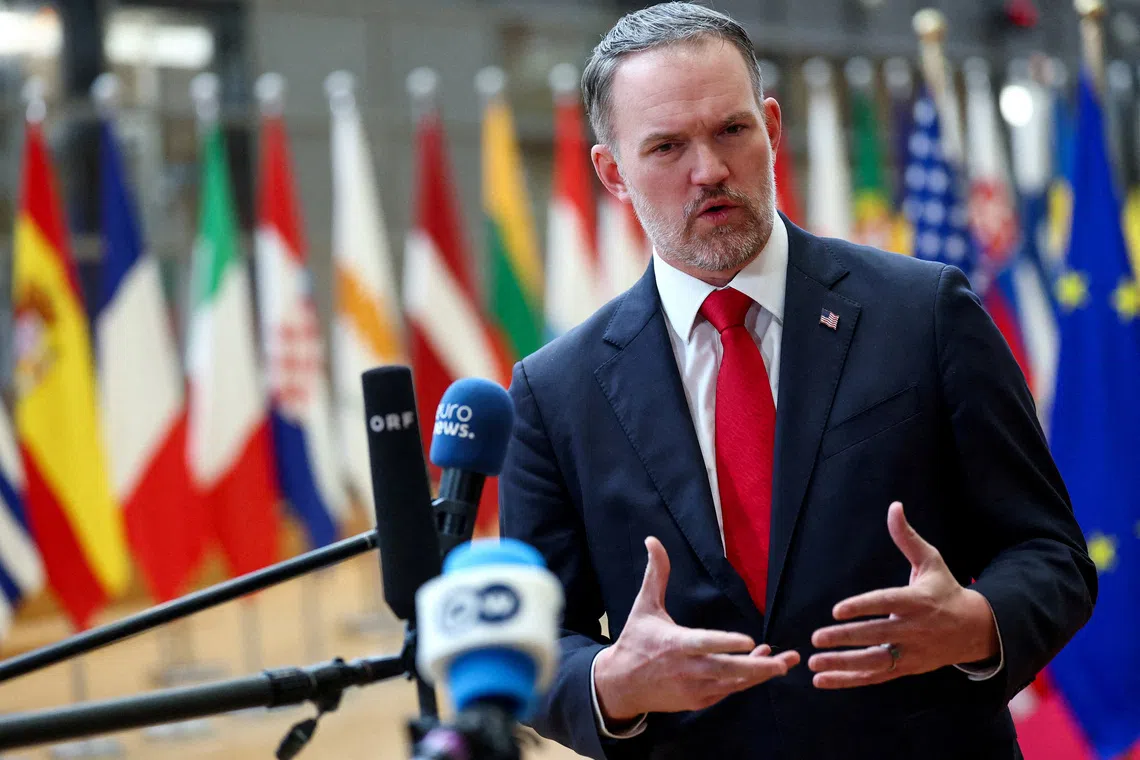 FILE PHOTO: U.S. Trade Representative Jamieson Greer speaks to the media while attending a working lunch with EU ministers responsible for trade, in Brussels, Belgium, November 24, 2025. REUTERS/Piroschka van de Wouw/File Photo