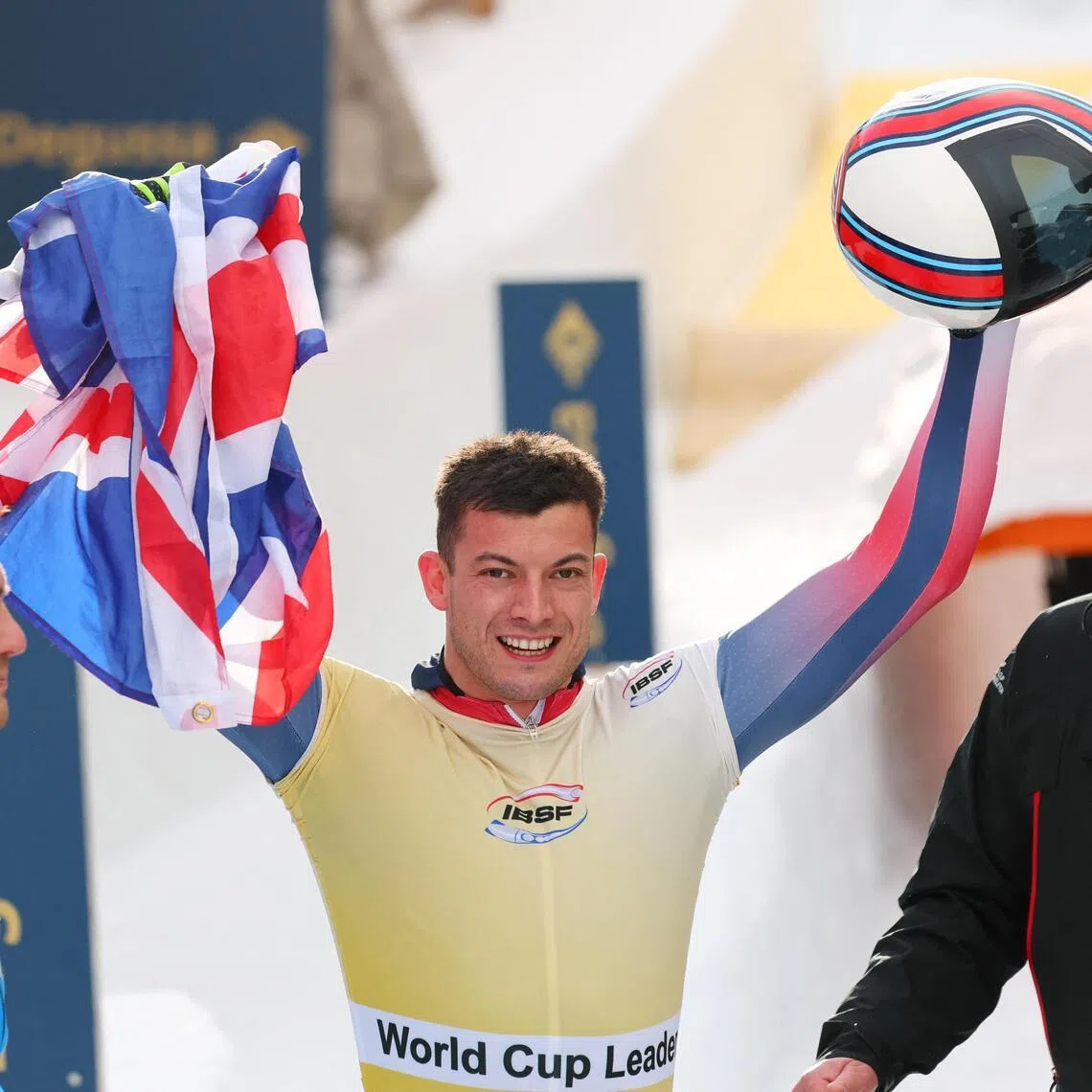 Britain's Matt Weston celebrates after winning the men's skeleton at the IBSF World Championships at the St. Moritz-Celerina Olympia Bobrun track in Switzerland on Jan 9, 2026.