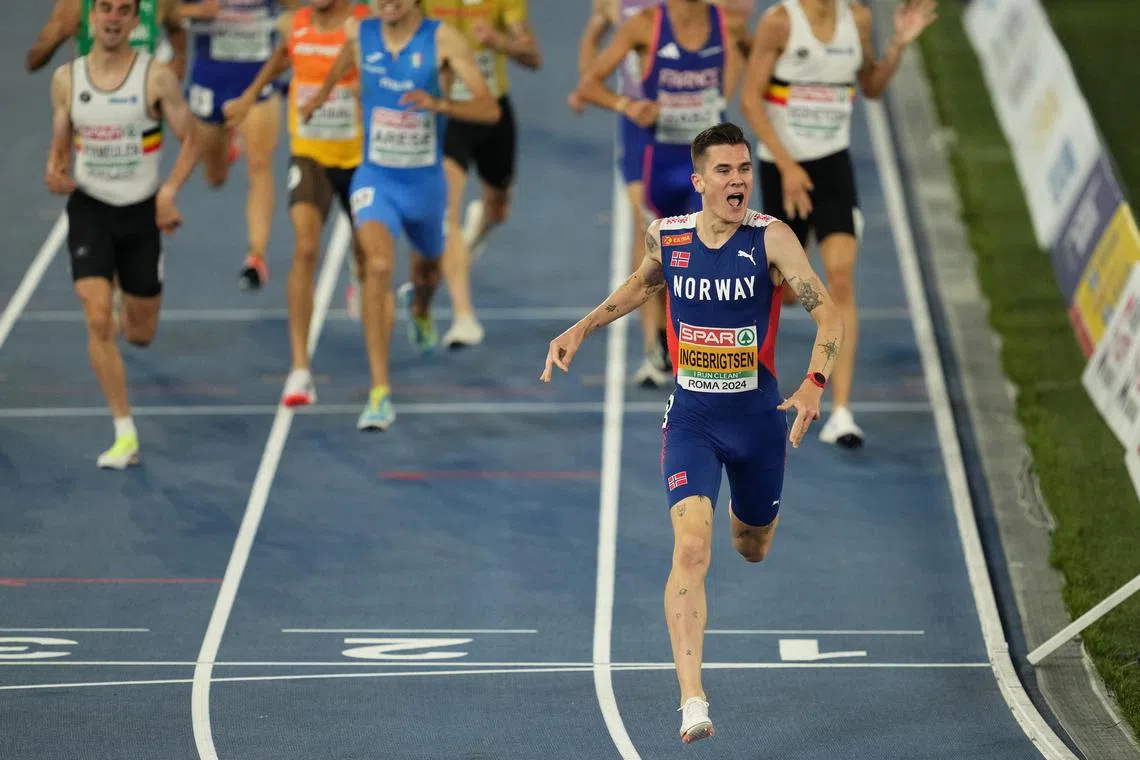 Athletics - European Athletics Championships - Stadio Olimpico, Rome, Italy - June 12, 2024 Norway's Jakob Ingebrigtsen celebrates winning the men's 1500m final REUTERS/Aleksandra Szmigiel