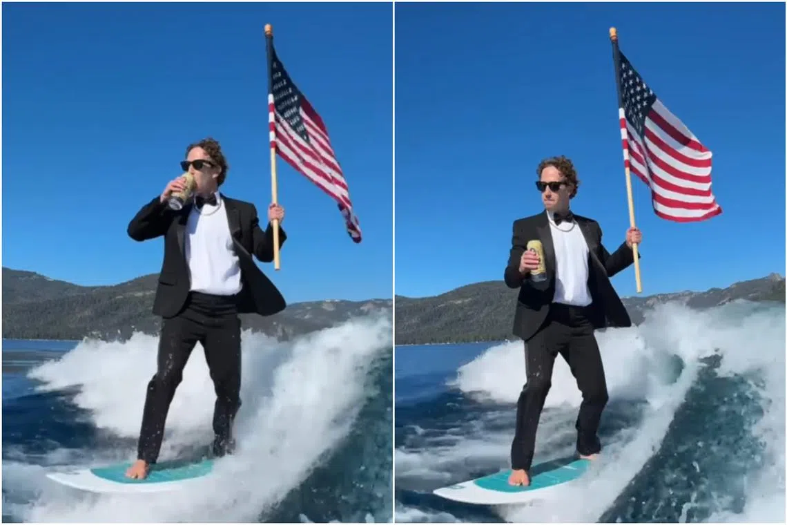 Behind a fast-moving boat, Mark Zuckerberg wakeboards while wearing a tuxedo and sunglasses as he sips from a tall boy. 