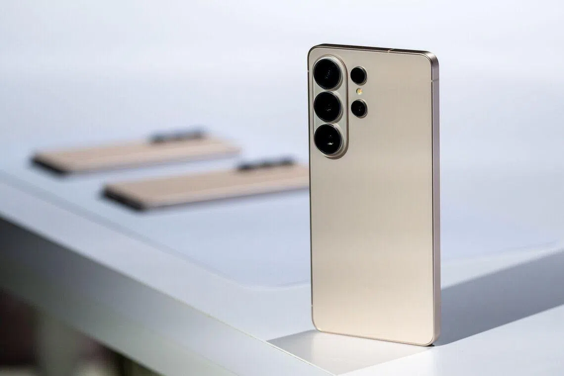 A Samsung Galaxy 26S Ultra pink-gold smartphone displayed during the Galaxy Unpacked event in San Francisco on Feb 25.