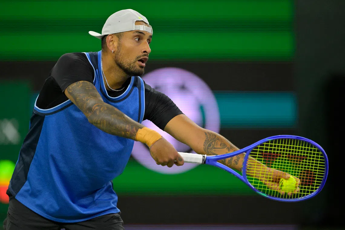 Mar 6, 2025; Indian Wells, CA, USA;  Nick Kyrgios (AUS) serves against Botic Van De Zandschulp (not pictured) during his first round match of the BNP Paribas Open at the Indian Well Tennis Garden. Mandatory Credit: Jayne Kamin-Oncea-Imagn Images