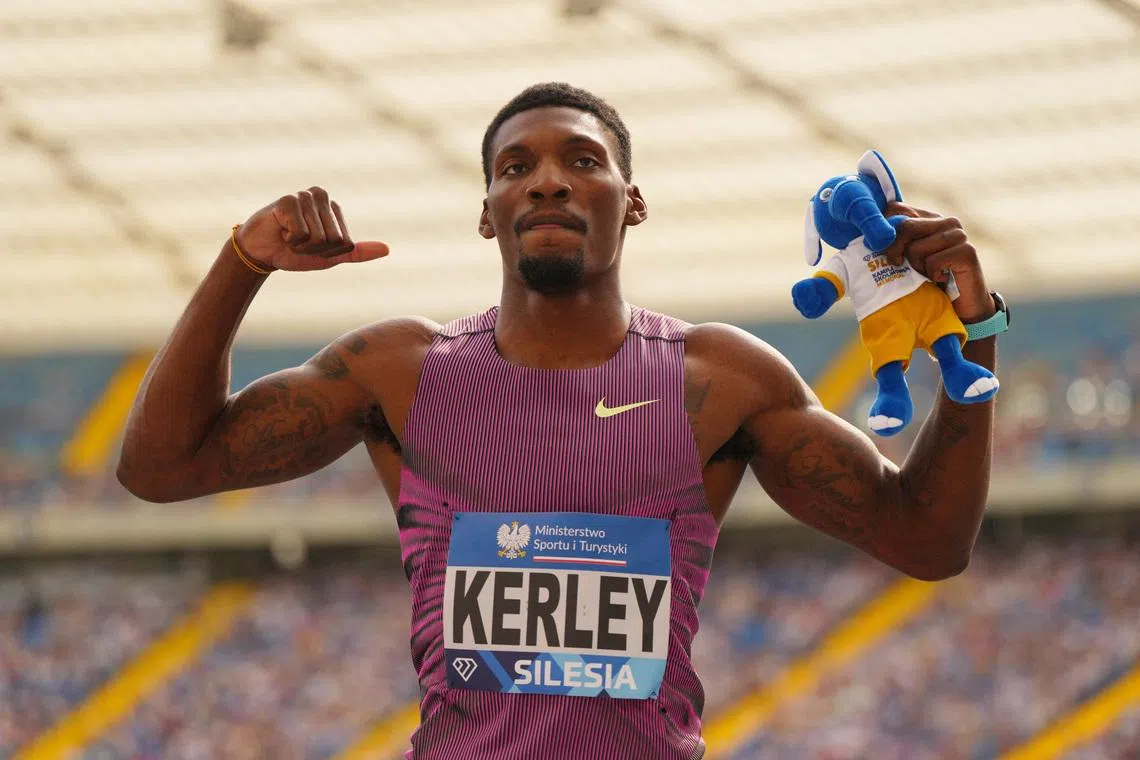Athletics - Diamond League - Silesia  - Silesian Stadium, Chorzow, Poland - August 25, 2024 Fred Kerley of the U.S. celebrates after winning the men's 100m REUTERS/Aleksandra Szmigiel