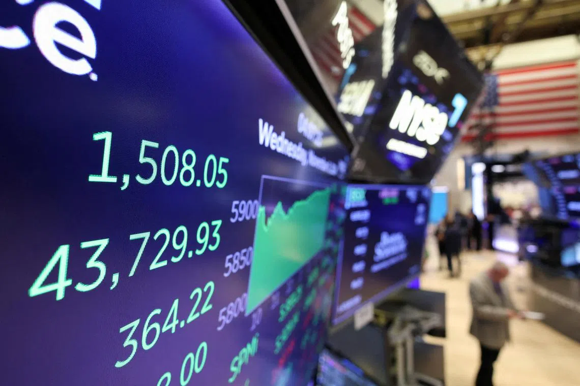 FILE PHOTO: A screen displays the Dow Jones Industrial Average at market close, after Republican presidential nominee Donald Trump became U.S. president-elect, at the New York Stock Exchange, in New York City, U.S., November 6, 2024. REUTERS/Andrew Kelly/File Photo