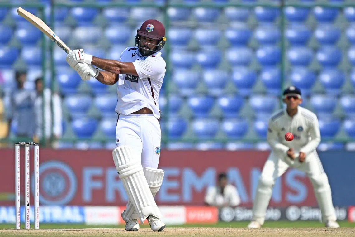 West Indies' John Campbell plays a shot on the fourth day of the second and last cricket Test against India at Arun Jaitley Stadium in New Delhi on Oct 13.