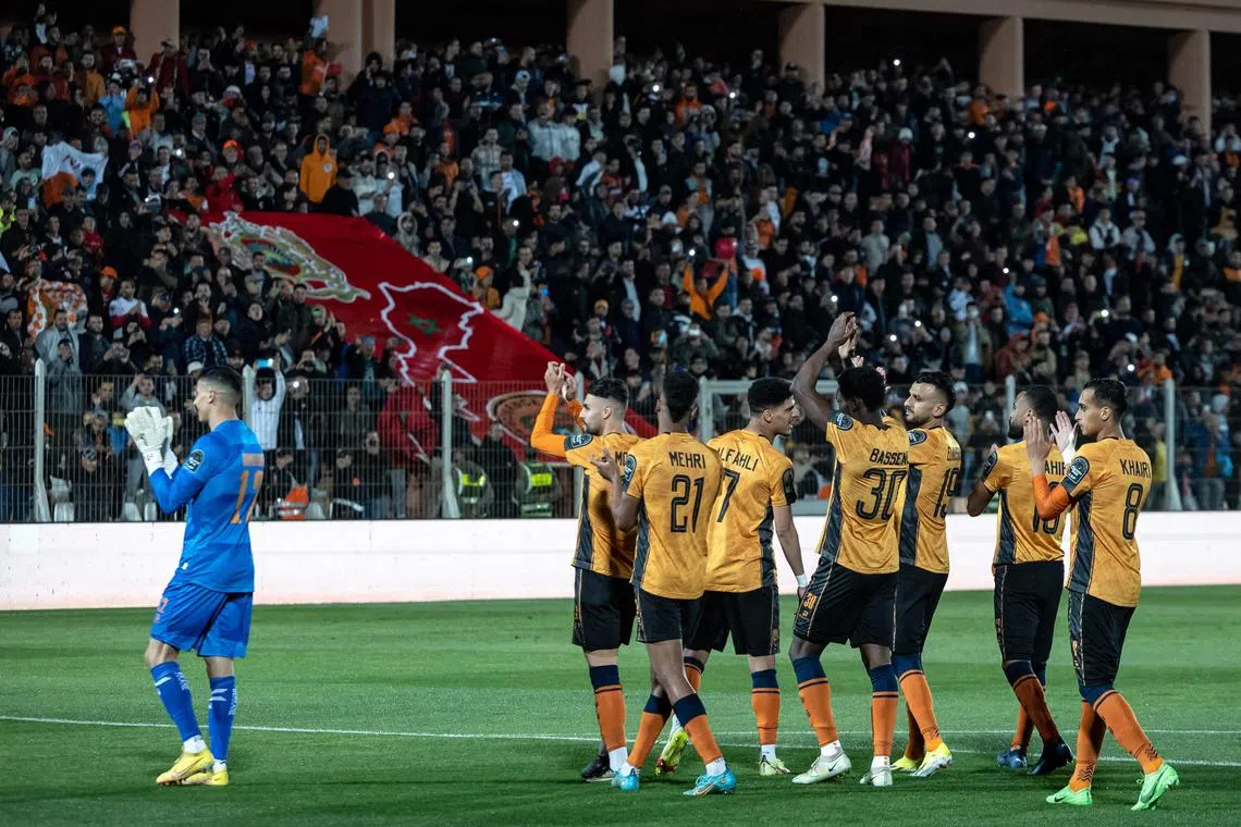 Moroccan side RS Berkane celebrating after USM Alger decided to withdraw from the second leg of the CAF Confederation Cup semi-final on April 28, 2024 in Berkane.
