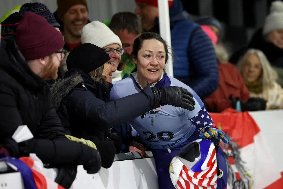Katie Uhlaender of the US reacts after the women's skeleton at the IBSF World Championships at Mount Van Hoevenberg, Lake Placid, New York, United States on March 7, 2025.