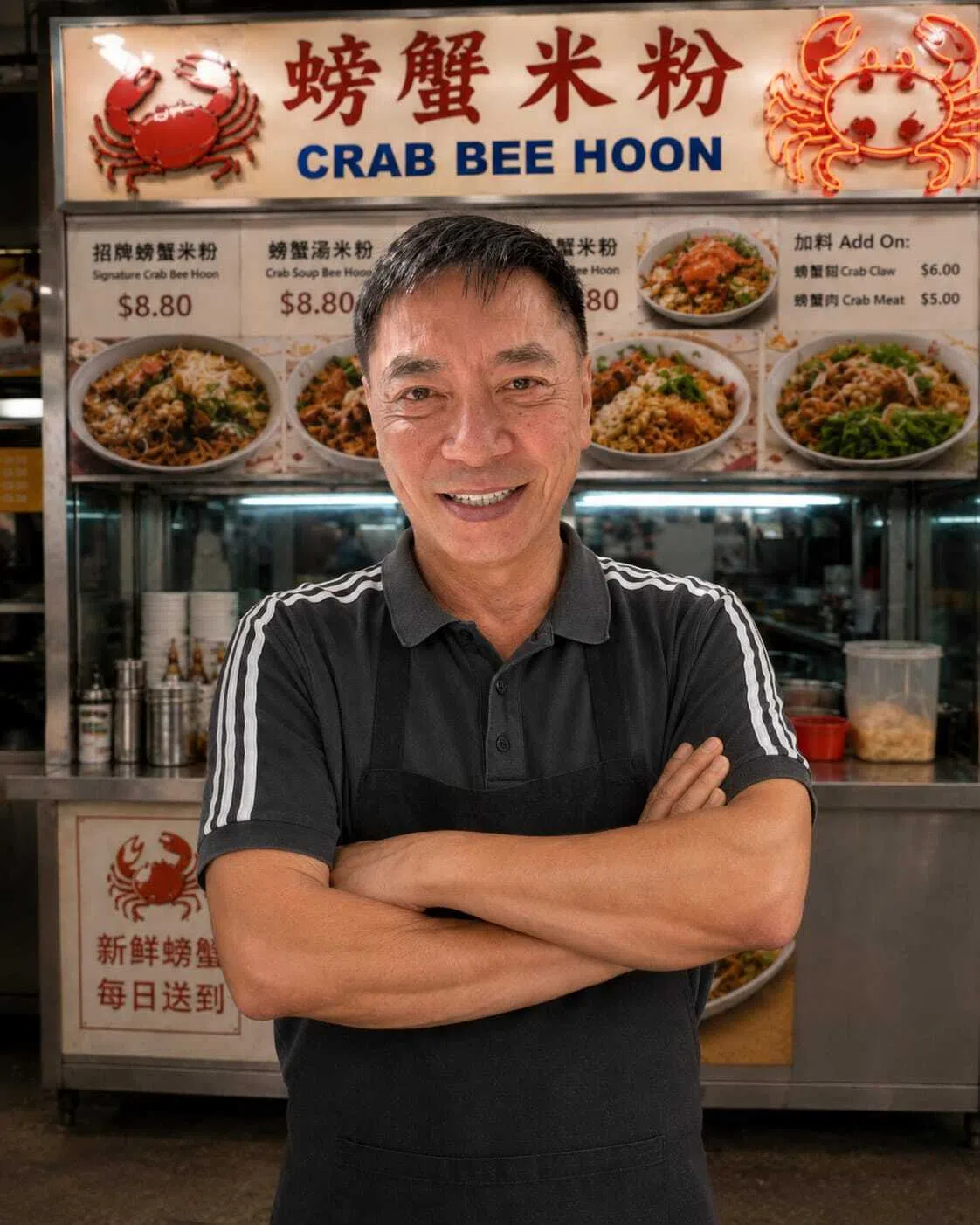 Huang Yiliang plays Ah Liang, the new towkay of a kopitiam stall selling crab bee hoon in BingBingBiangBiang Kopidiam.