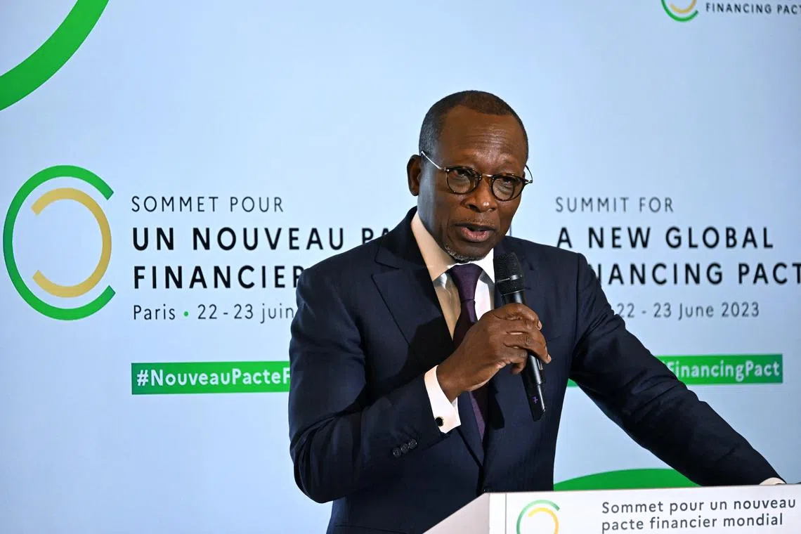 Beninese President Patrice Talon speaks during the Alliance for Entrepreneurship thematic, as part of the New Global Financial Pact Summit at the Palais Brongniart in Paris, France, June 22, 2023. Emmanuel Dunand/Pool via REUTERS/File Photo