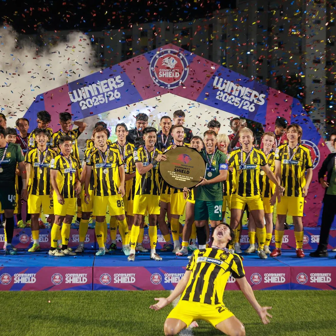 BG Tampines Rovers lifting the Community Shield after defeating Lion Cit Sailors 4-1 at the Jurong East Stadium on Aug 16.
