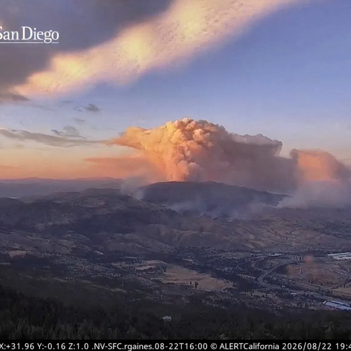 FILE PHOTO: Smoke rises from the Hawk fire burning in the mountains near Reno, Nevada, U.S., August 22, 2026, in this still image obtained from a video. UC San Diego/Handout via REUTERS. Reuters was able to verify the location by the mountain and terrain that matched the topography mapping of the area. The date was verified by the timestamp seen on the footage and corroborating eyewitness visuals confirmed the fire activity near the area on August 22./File Photo