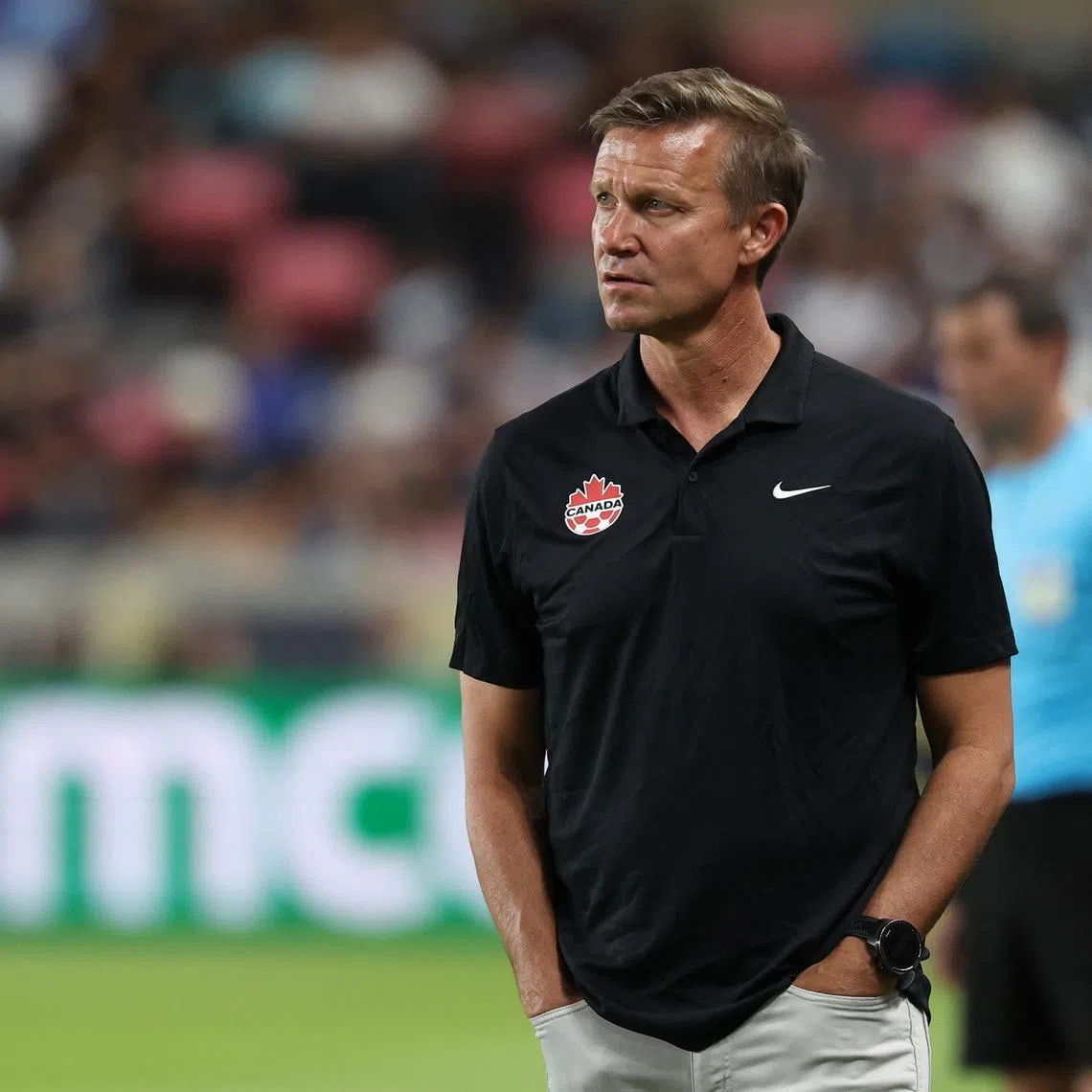 Jun 24, 2025; Houston, Texas, USA; Canada head coach Jesse Marsch looks on during the first half against El Salvador during a group stage match of the 2025 Gold Cup at Shell Energy Stadium. Mandatory Credit: Troy Taormina-Imagn Images