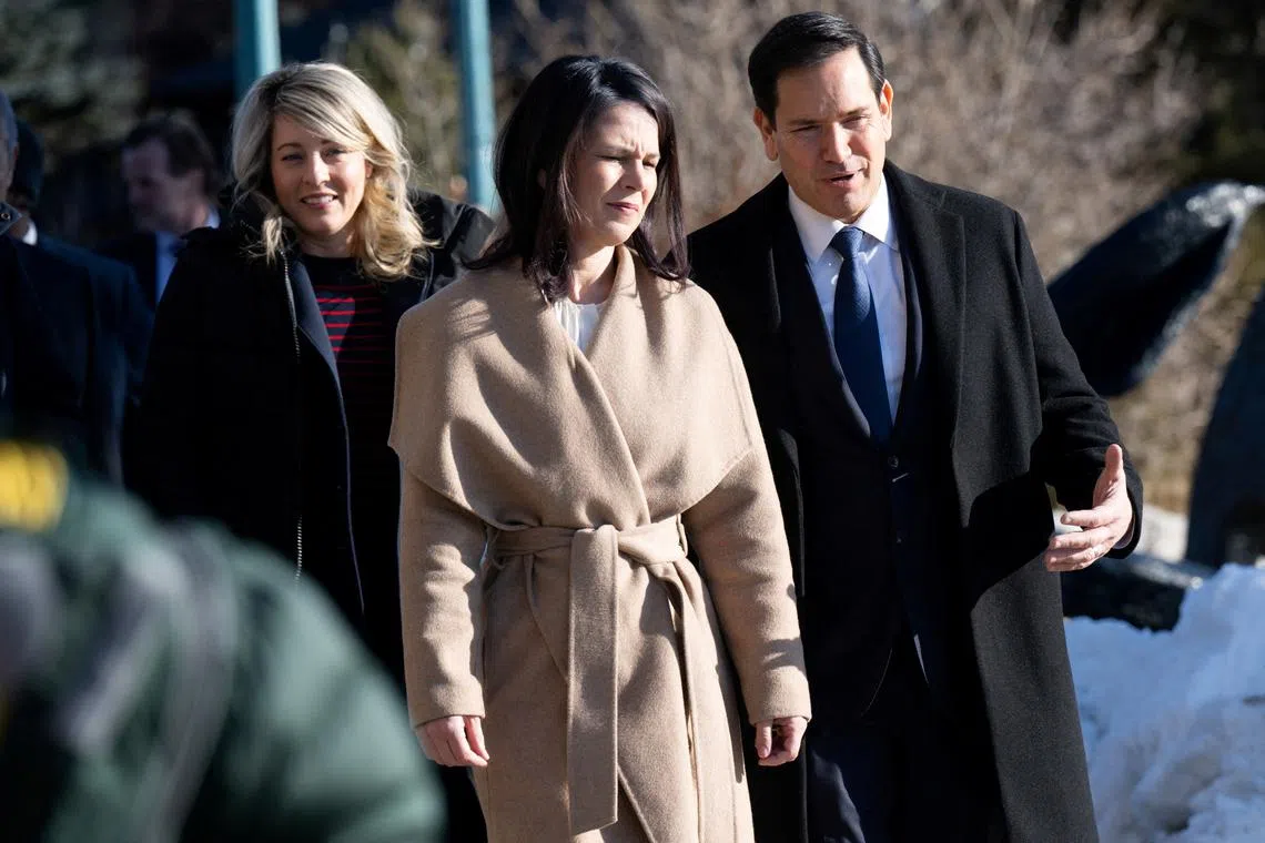 FILE PHOTO: Canadian Foreign Minister Melanie Joly, German Foreign Minister Annalena Baerbock and US Secretary of State Marco Rubio arrive for the family photo during the G7 foreign ministers meeting in La Malbaie, Charlevoix, Quebec, March 13, 2025.     SAUL LOEB/Pool via REUTERS/File Photo