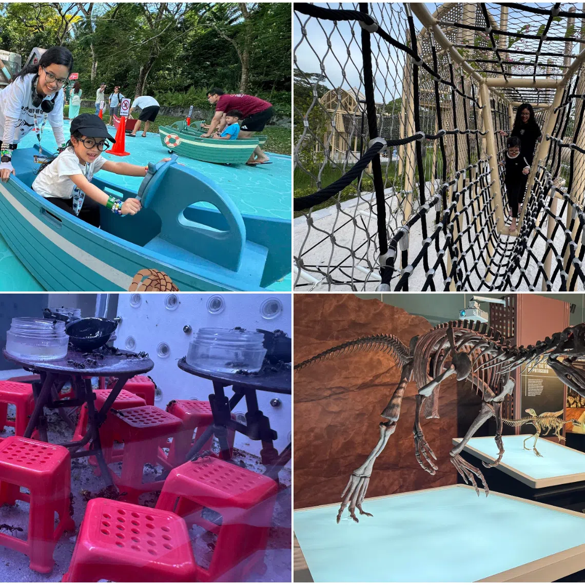 (Clockwise from top left) Join the Wild Patrol! boat ride at the Singapore Zoo, Parc Glen @ Tengah Playground, Dinosaurs | Extinctions | Us at Science Centre Singapore and a kopitiam diorama at the TinyTopia pop-up insect museum.