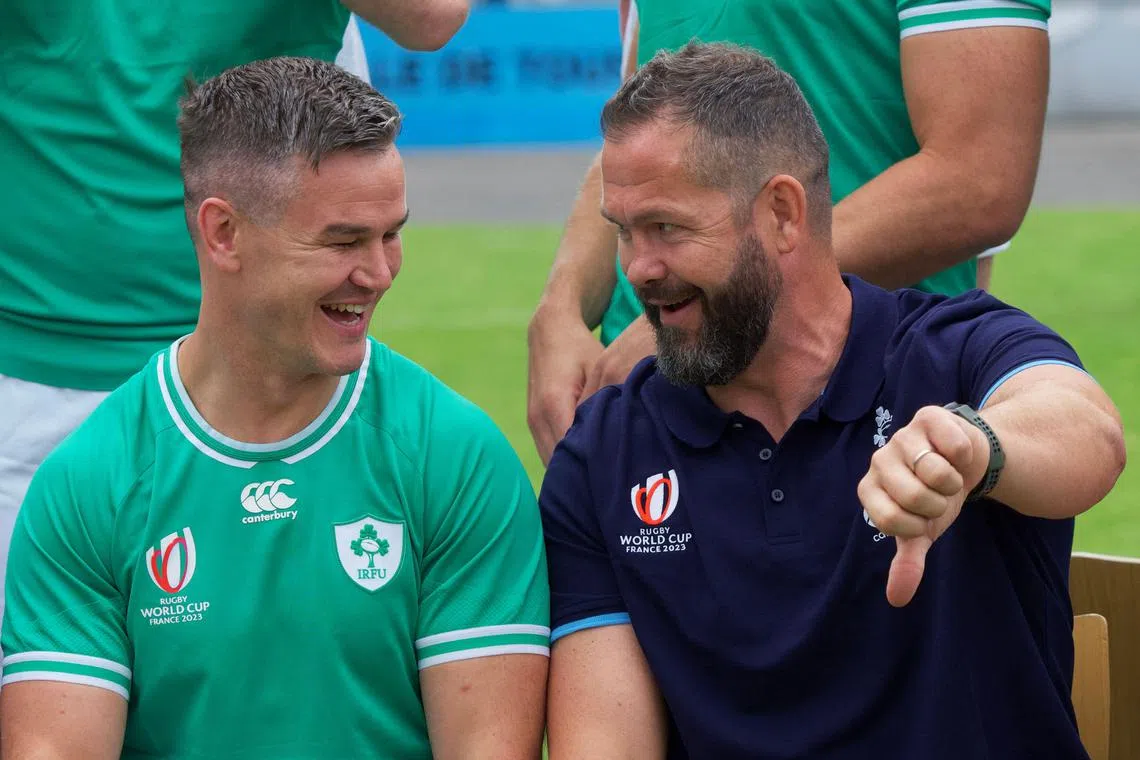 Ireland's coach Andy Farrell joking with captain and fly-half Jonathan Sexton during a training session at the Stade de la Vallee du Cher in Tours, central France, on Sept 2, ahead of the France 2023 Rugby World Cup. 