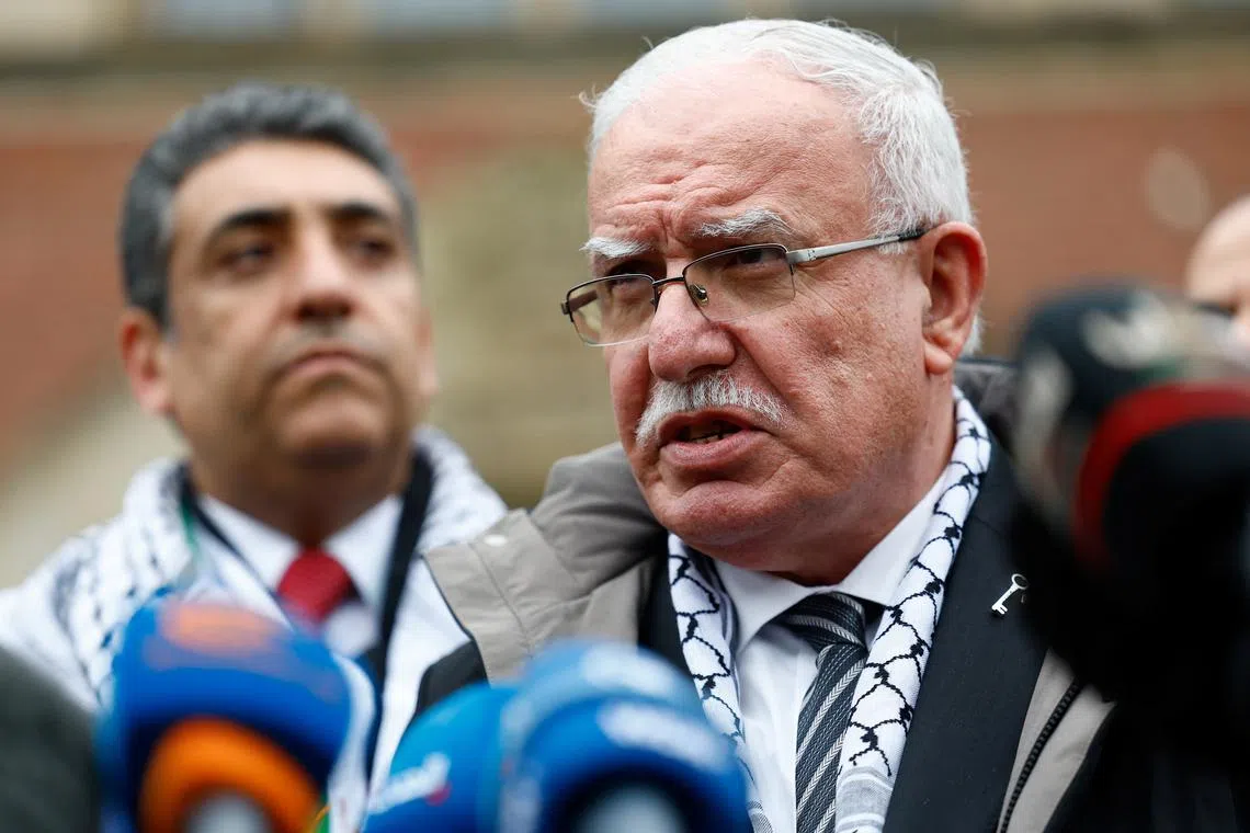 FILE PHOTO: Palestinian Foreign Minister Riyad al-Maliki gives a statement to the media, on the day of a public hearing held by The International Court of Justice (ICJ) to allow parties to give their views on the legal consequences of Israel's occupation of the Palestinian territories before eventually issuing a non-binding legal opinion in The Hague, Netherlands, February 19, 2024. REUTERS/Piroschka van de Wouw/File Photo
