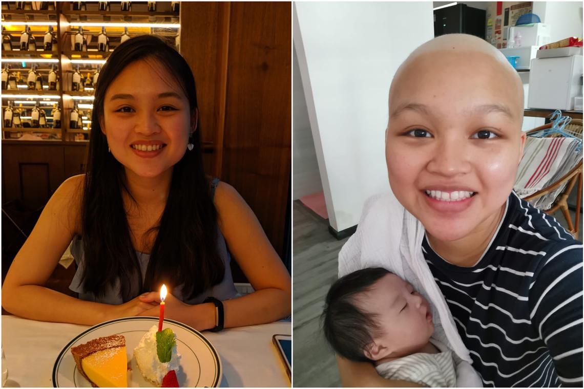 Ms Kwa Lay Teng in 2019 (left) and after she began treatment for breast cancer following her diagnosis in 2021.