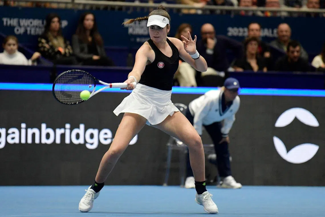 Canada's Marina Stakusic returns the ball to Spain's Rebeka Masarova during their group match at the Billie Jean King Cup.