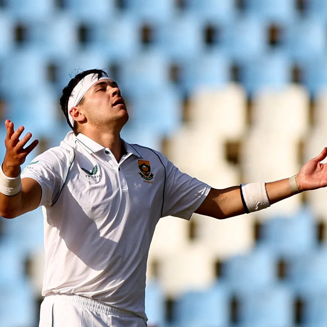 FILE PHOTO: Cricket - First Test - South Africa v West Indies - SuperSport Park Cricket Stadium, Centurion, South Africa - March 1, 2023 South Africa's Gerald Coetzee reacts REUTERS/Siphiwe Sibeko/File Photo