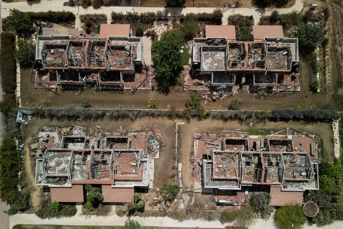 A drone view shows destruction caused during the deadly Oct 7 attack, nearly a year since the attack, on Sept 3.