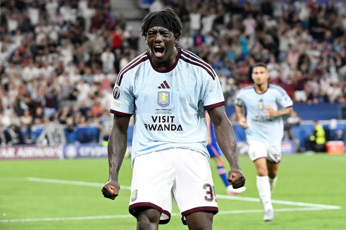 Soccer Football - UEFA Super Cup - Paris St Germain v Aston Villa - Stadion Salzburg, Salzburg, Austria - August 12, 2026 Aston Villa's Brian Madjo celebrates scoring their first goal REUTERS/Angelika Warmuth