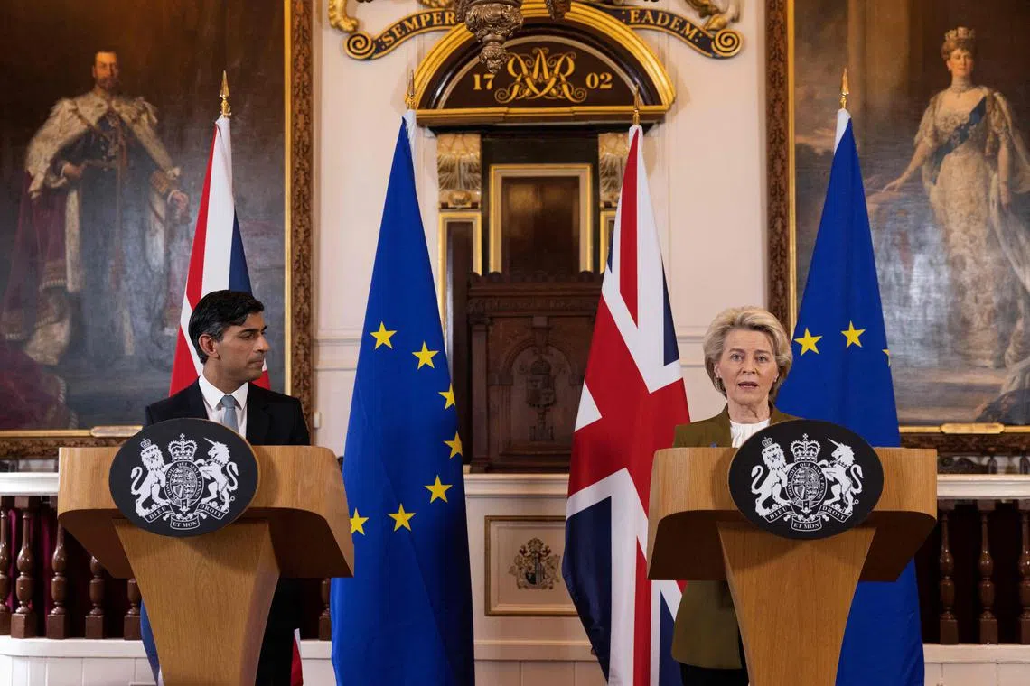 British PM Rishi Sunak (left) and European Commission chief Ursula von der Leyen at the Fairmont Hotel in Windsor, London, on Feb 27.