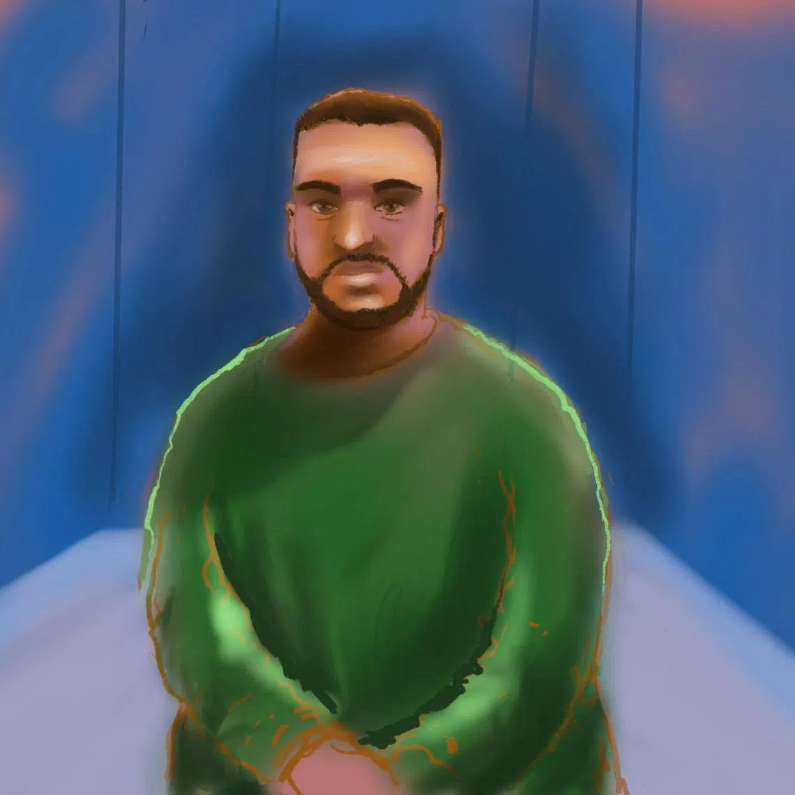 A court sketch depicts Naveed Akram on Feb 16. Lawyers requested a court prohibit the publication of the names of his mother, brother and sister.