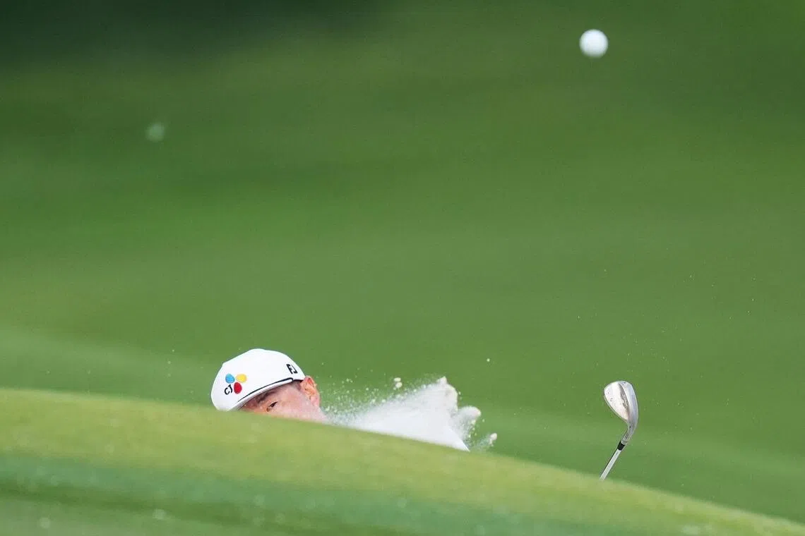 Im Sung-jae blasts out of the bunker on hole 15 in the third round of the Truist Championship on May 9, 2026 at Charlotte, North Carolina.