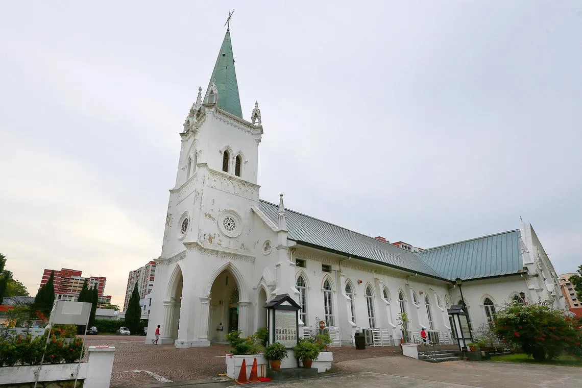 The Church of the Nativity of the Blessed Virgin Mary at Upper Serangoon Road on 16 October 2017. Designed by Charles Benedict Nain, a priest, the church spans 63m, and its neo-gothic features include a pointed arch and ribbed vault. It was gazetted as an national monument in 2005.