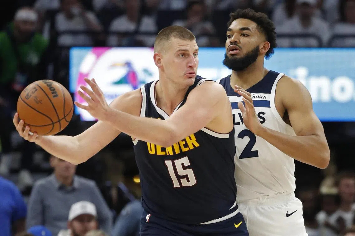 Denver Nuggets centre Nikola Jokic (No. 15) scored 35 points, while Minnesota Timberwolves forward Karl-Anthony Towns (No. 32) tallied 44 points in Game 4 of their NBA play-offs at Target Centre.