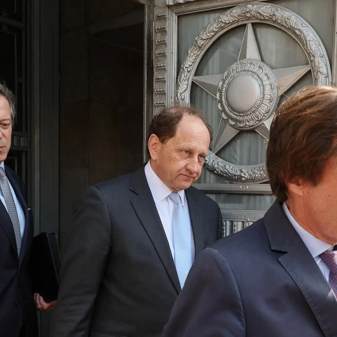 Foreign ambassadors to Russia Nicolas de Riviere of France, Alexander Graf Lambsdorff of Germany and Nigel Casey of Britain leave after visiting the Russian Foreign Ministry headquarters in Moscow, Russia, June 11, 2026. REUTERS/Shamil Zhumatov