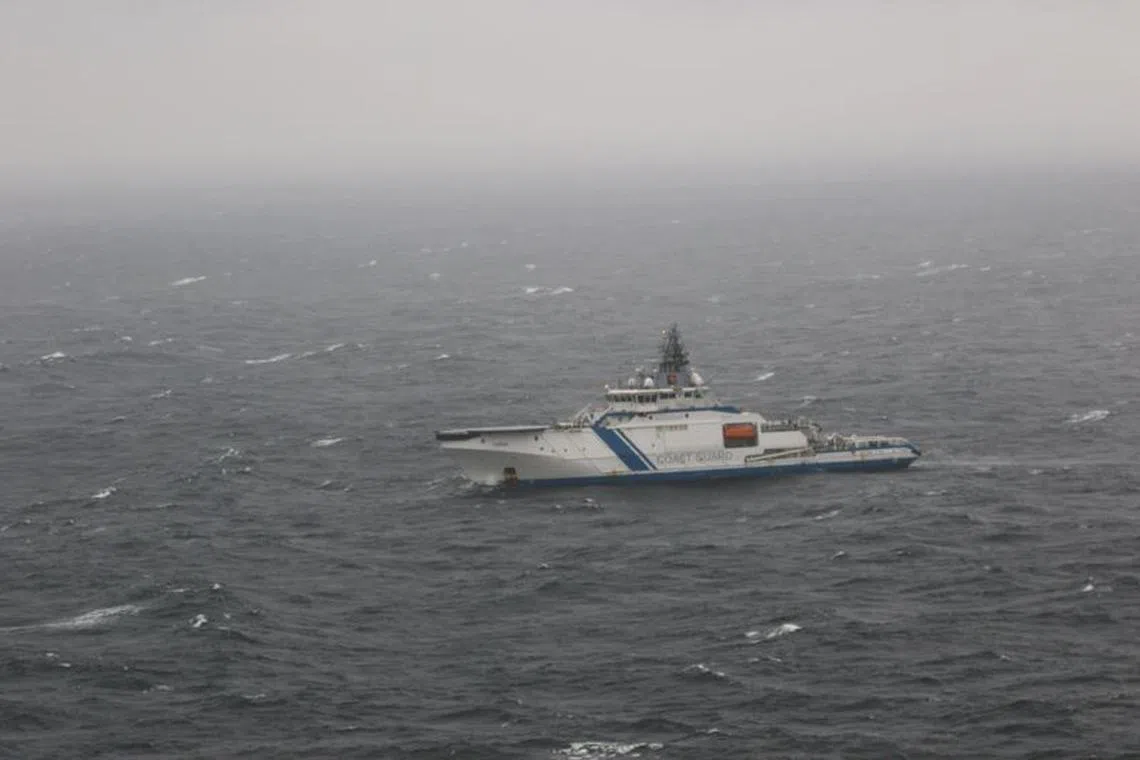 The picture provided by The Finnish Border Guard shows Finnish Border Guard's offshore patrol vessel Turva guarding on October 11, 2023 at sea near the place where damaged Balticconnector gas pipeline is pinpointed at the Gulf of Finland. Lehtikuva/FINNISH BORDER GUARD via REUTERS