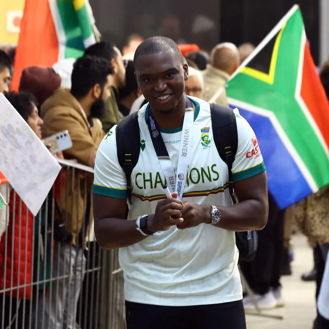 Cricket - South Africa return home after historic World Test Championship win - O.R. Tambo International Airport, Johannesburg, South Africa - June 18, 2025 South Africa's Lungi Ngidi as the team returns REUTERS/Siphiwe Sibeko
